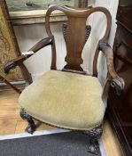 A small 18th century style mahogany open armchair with ram's head arms, width 64cm, height 80cm***