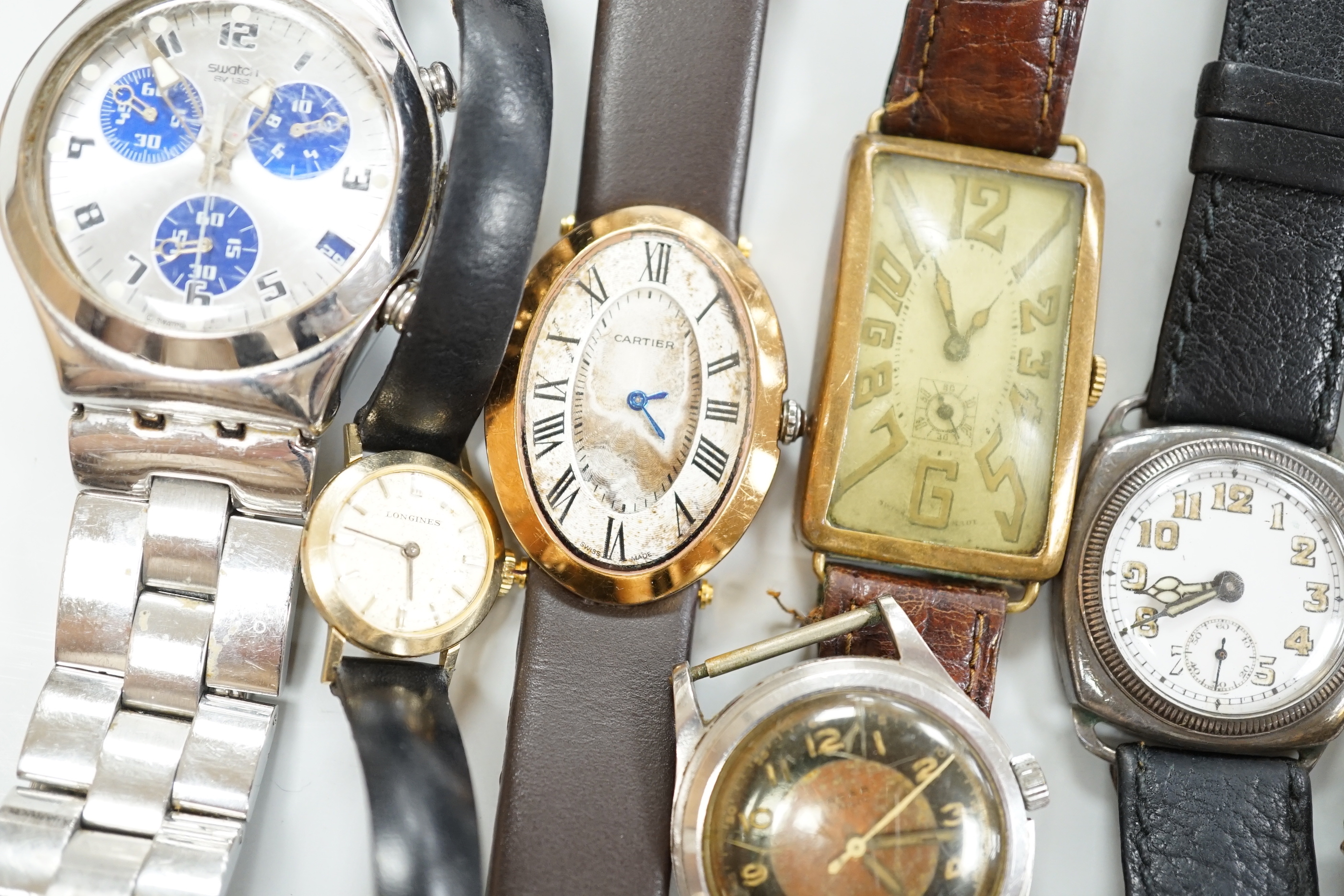 Five gentleman's assorted wrist watches including Swatch and early 20th century white metal and - Image 3 of 6