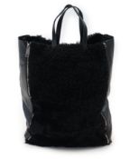 A Celine black shearling and black leather Vertical Gusset Cabas tote bag, the Vertical Gusset Cabas