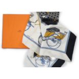 A Hermès Les Voitures a Transformation by Francoise de la Perriere black and white silk scarf,