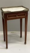 A French gilt metal mounted marble topped mahogany bedside table, width 42cm, depth 29cm, height