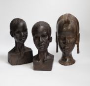 Three carved ebony African busts, tallest 23cm***CONDITION REPORT***PLEASE NOTE:- Prospective buyers