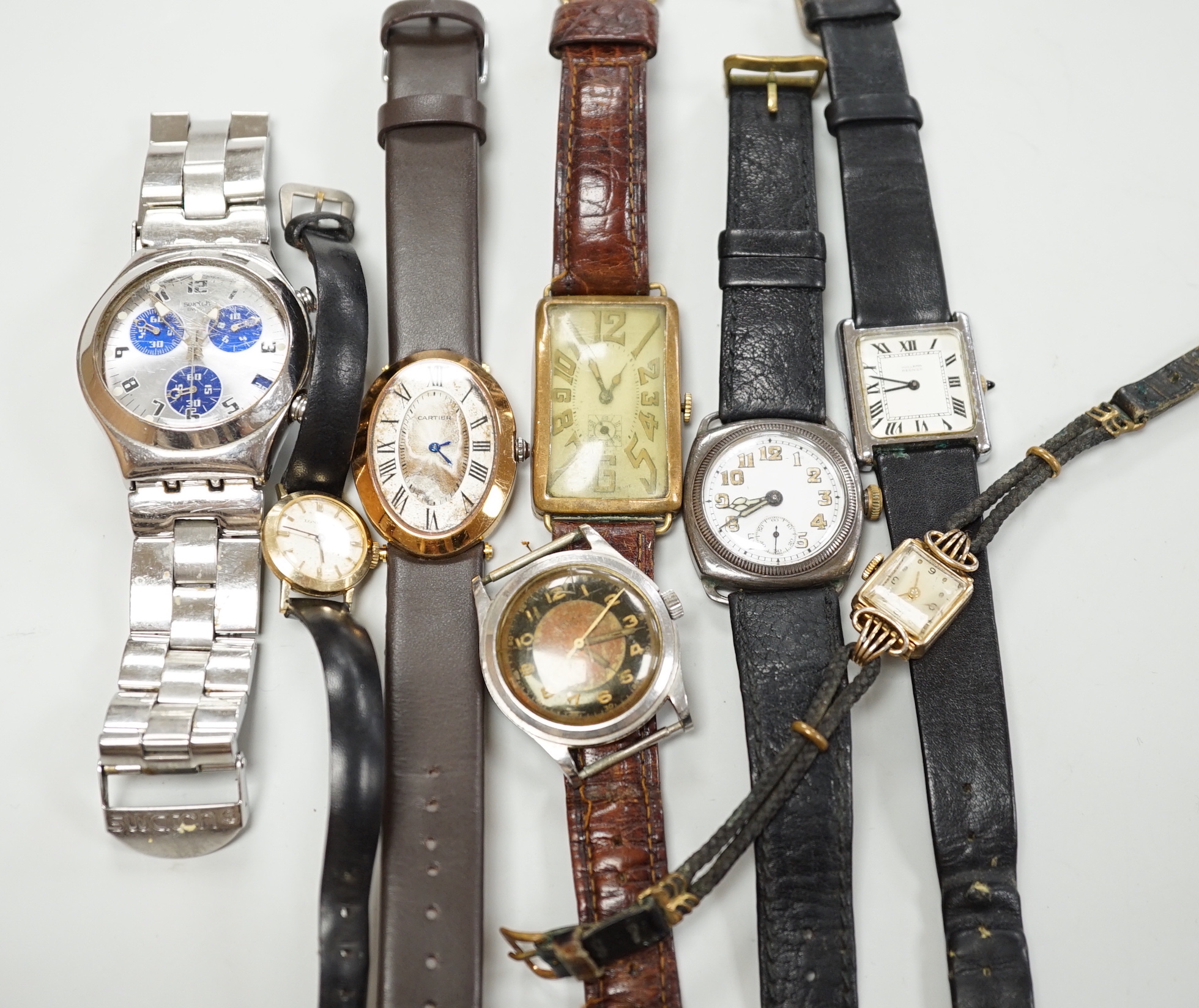 Five gentleman's assorted wrist watches including Swatch and early 20th century white metal and