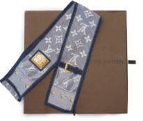 A Louis Vuitton Paris Monogram Ebene silk denim bandeau scarf, boxed, 114cm x 8cm***CONDITION