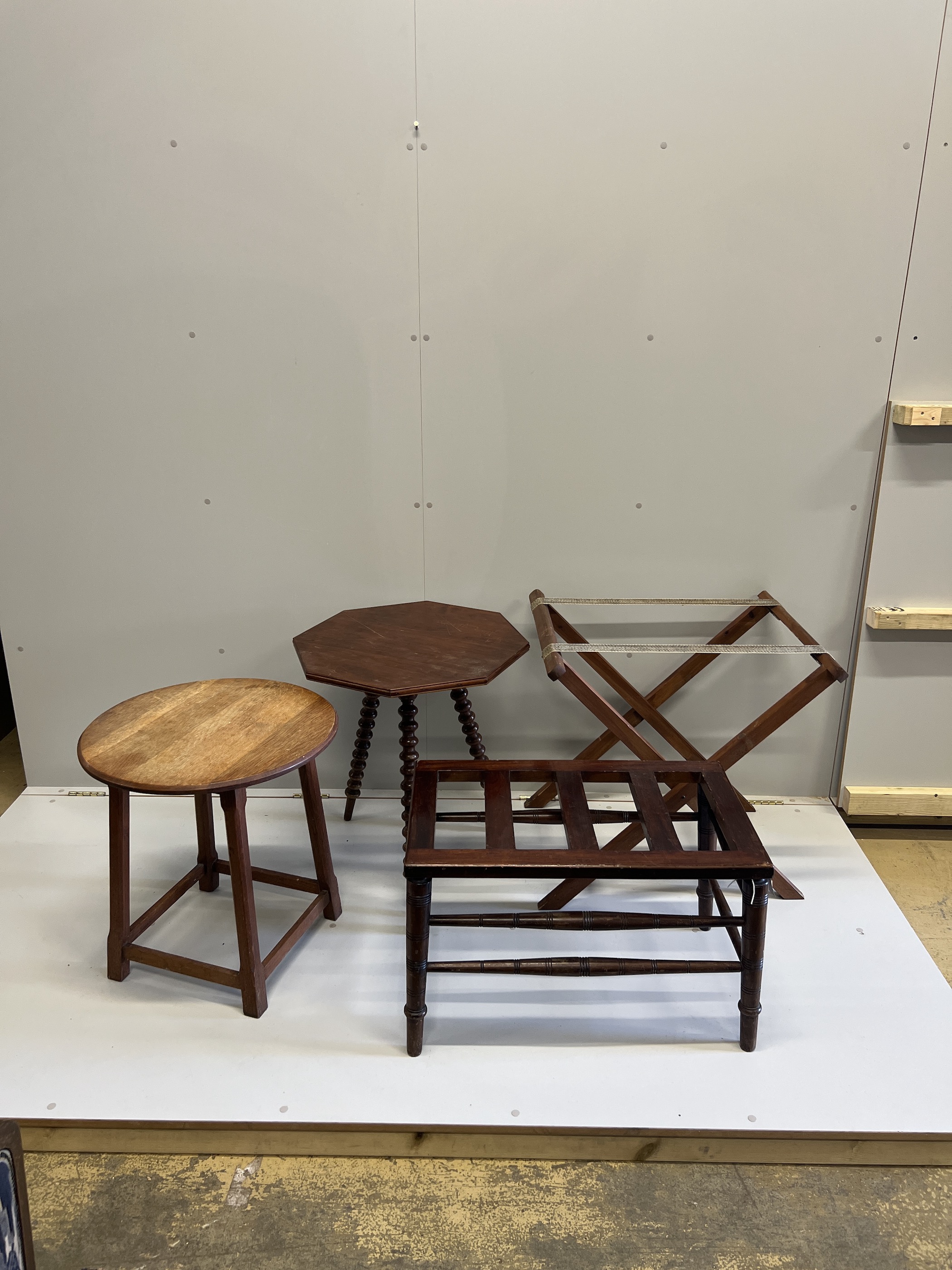 A late Victorian mahogany luggage rack, an octagonal occasional table, a circular oak table, - Image 2 of 6