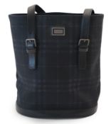 A Burberry bucket bag in blue black tartan canvas and leather, pewter coloured metalware, with
