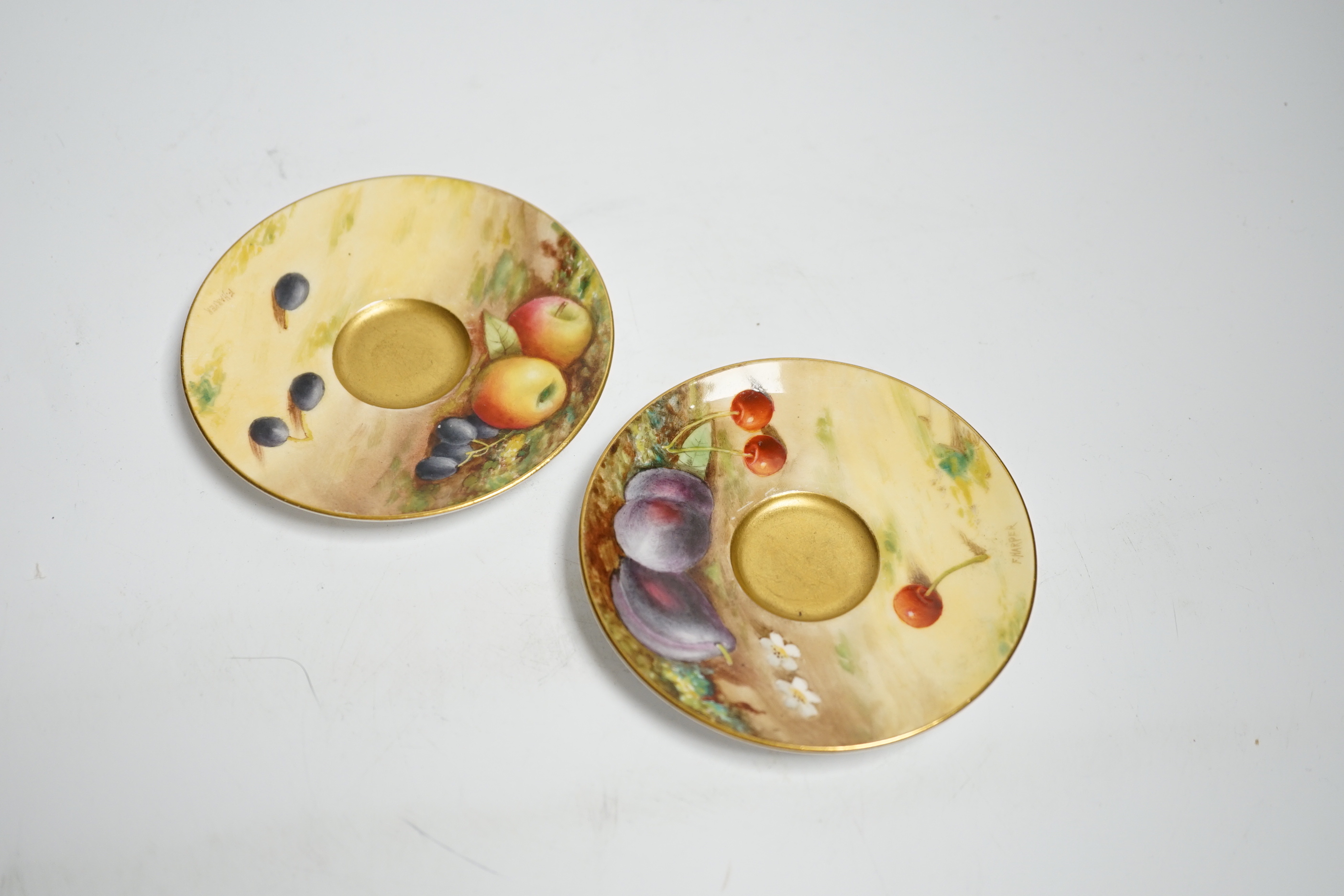 A pair of Royal Worcester fruit painted miniature cabinet cups and saucers, signed F. Harper and W. - Image 4 of 5
