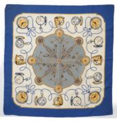 A Rolex blue sapphire statement silk scarf, watch motif with hand rolled hems, light blue and