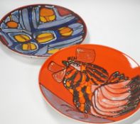 Two Poole Pottery Delphis chargers, one Carol Cutter, the other unsigned, each 36cm in diameter***