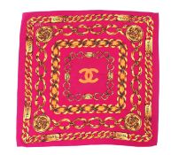 A Chanel Chain pink and gold silk scarf, 80cm x 80cm***CONDITION REPORT***Numerous scattered make up