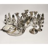 A quantity of assorted sterling or 800 standard white metal items including eight pepperettes,