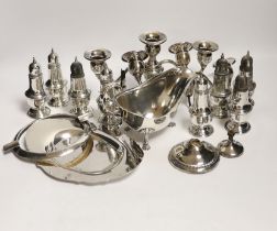 A quantity of assorted sterling or 800 standard white metal items including eight pepperettes,