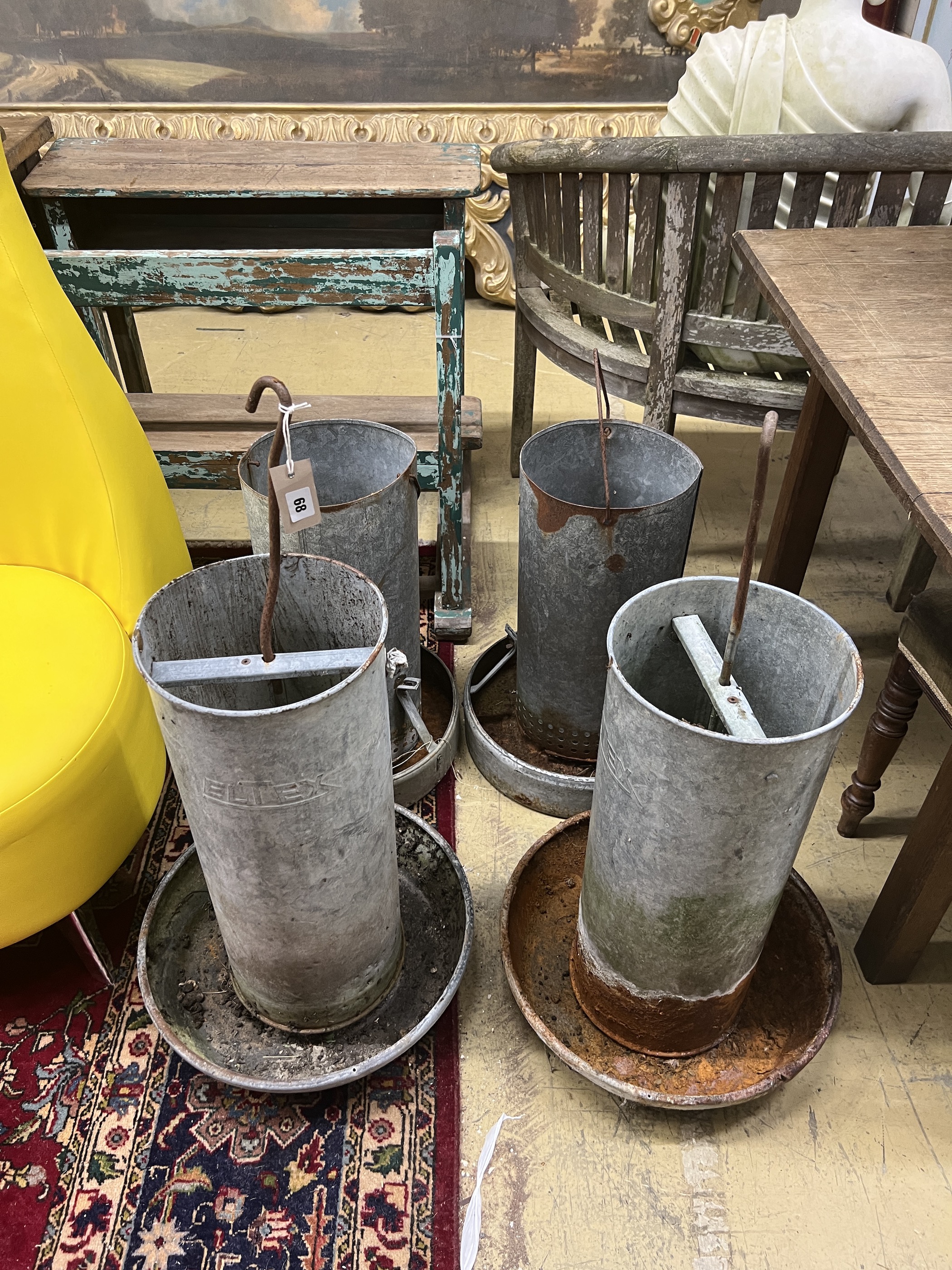 Four vintage galvanised poultry feeders, largest height 62cm***CONDITION REPORT***PLEASE NOTE:- - Image 2 of 3