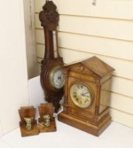 Woodenware including Art Deco bookends, a Black Forest Winterhalder and Hofmeier clock striking on a