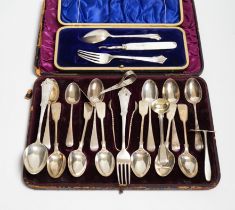 Two sets of six silver teaspoons, fiddle and Old English pattern and other silver or 900 flatware