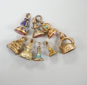 A group of eight assorted 19th century yellow metal overlaid and chalcedony or citrine set fob