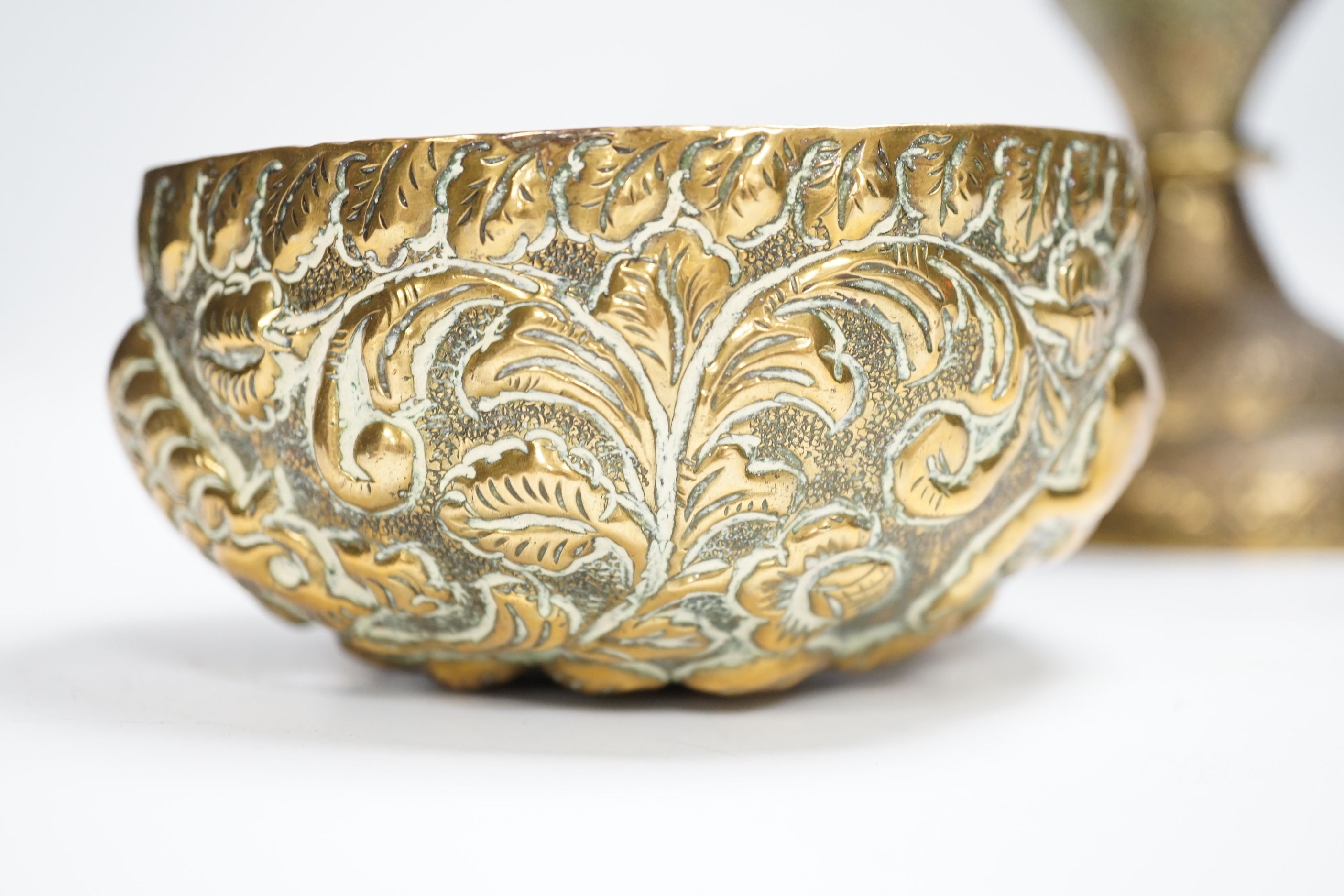 A Persian Qajar engraved brass vase and an Indian repousse brass bowl, largest 25cm high***CONDITION - Image 3 of 5