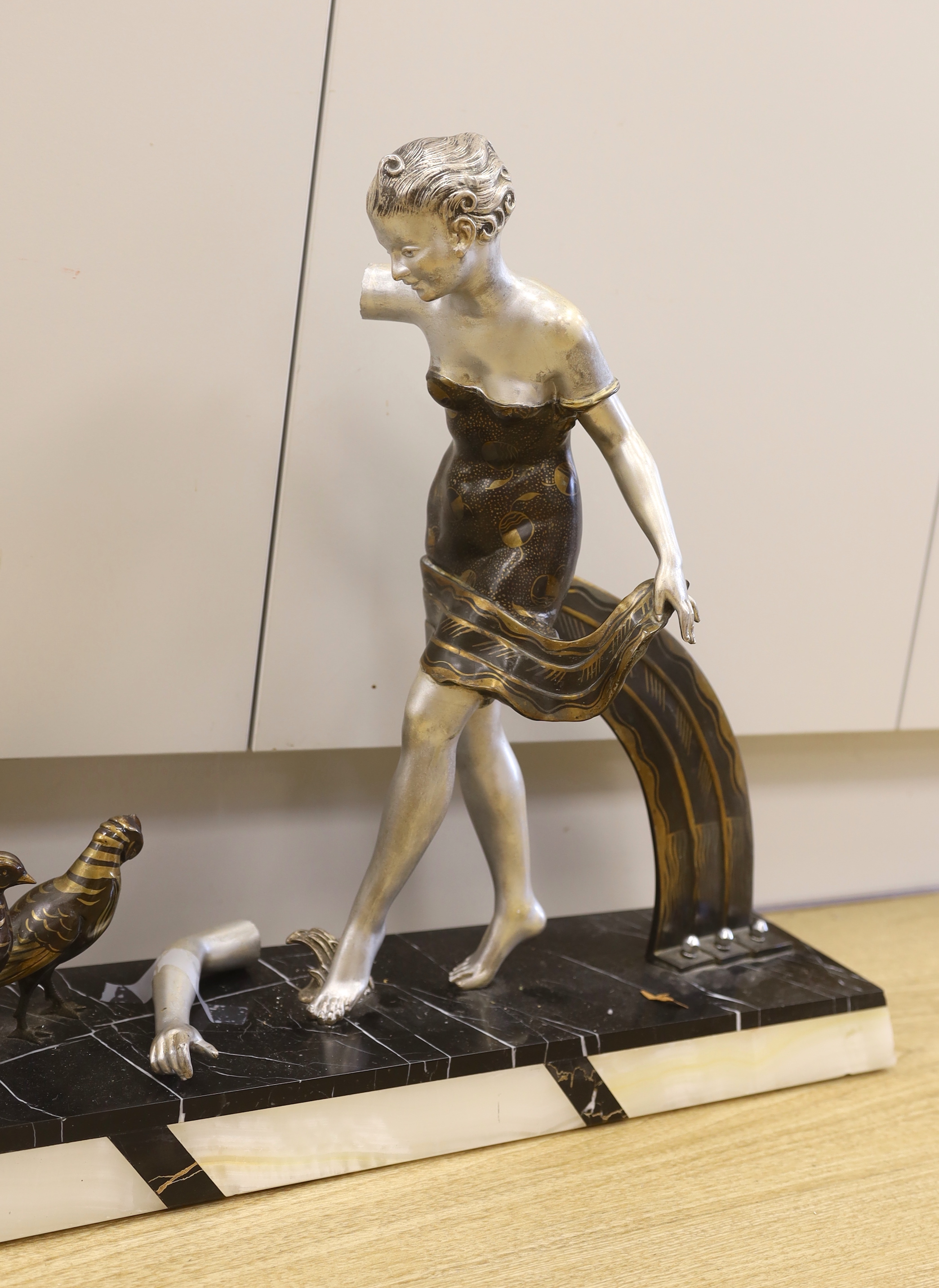 A French Art Deco spelter and marble figure group, 49cm tall (a.f.)***CONDITION REPORT***PLEASE - Image 2 of 4