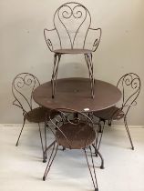 A French circular painted wrought iron table, diameter 94cm, height 75cm together with four matching