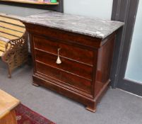 A 19th century French marble top mahogany commode, width 110cm, depth 57cm, height 96cm***