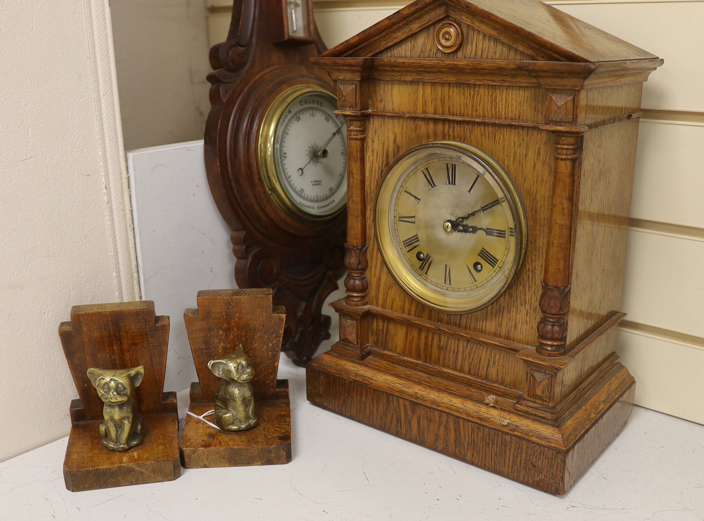 Woodenware including Art Deco bookends, a Black Forest Winterhalder and Hofmeier clock striking on a - Image 2 of 3