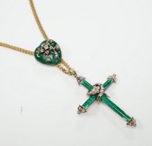 A 19th century yellow metal, green enamel and rose cut diamond set cross pendant, with entwined