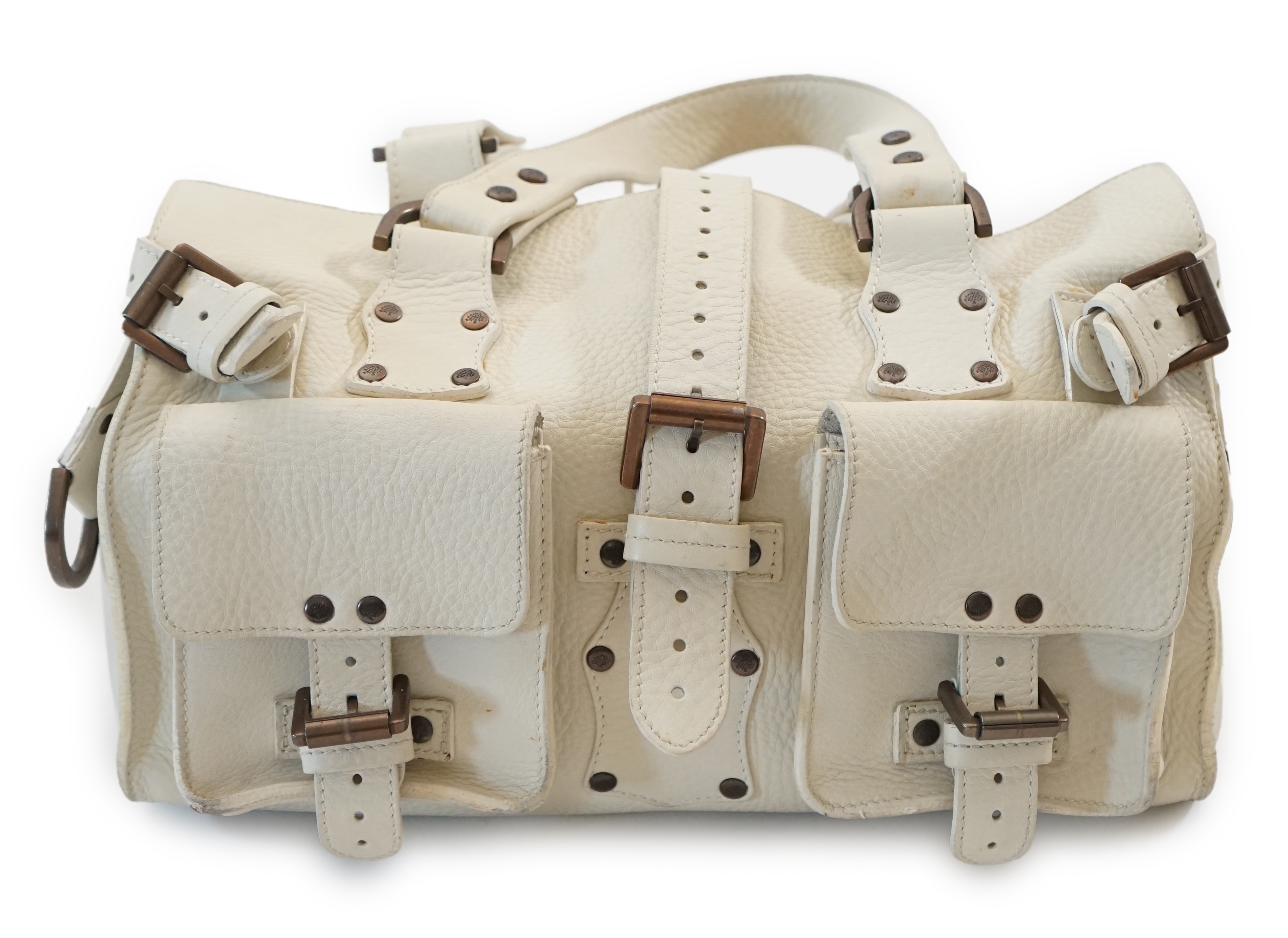 A Mulberry Roxanne cream leather handbag with bronzed metalware and dust bag, width 34cm, depth