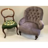A Victorian upholstered spoonback armchair, width 73cm, depth 64cm, height 86cm together with a