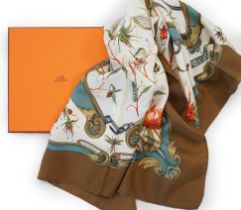A Hermès 'Ingrid' by Lenke Szechenzyl silk scarf, with a brown border, boxed, approx 96cm x 92cm***