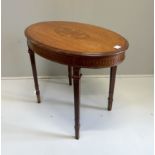 An Edwardian marquetry inlaid satinwood oval topped occasional table, width 89cm, depth 58cm, height