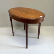 An Edwardian marquetry inlaid satinwood oval topped occasional table, width 89cm, depth 58cm, height