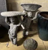 Two Victorian lead garden putto figures, one as a sundial, the other a birdbath, in need of