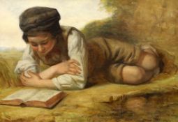 Charlie Compton (1828-1884), oil on canvas, Boy reading a book before a landscape, inscribed