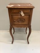 A 19th century French marble top walnut bedside cabinet, width 42cm, depth 36cm, height 82cm***