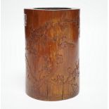 A 19th century Chinese Daoist bamboo brushpot, inscribed with a poem, 13cm high***CONDITION
