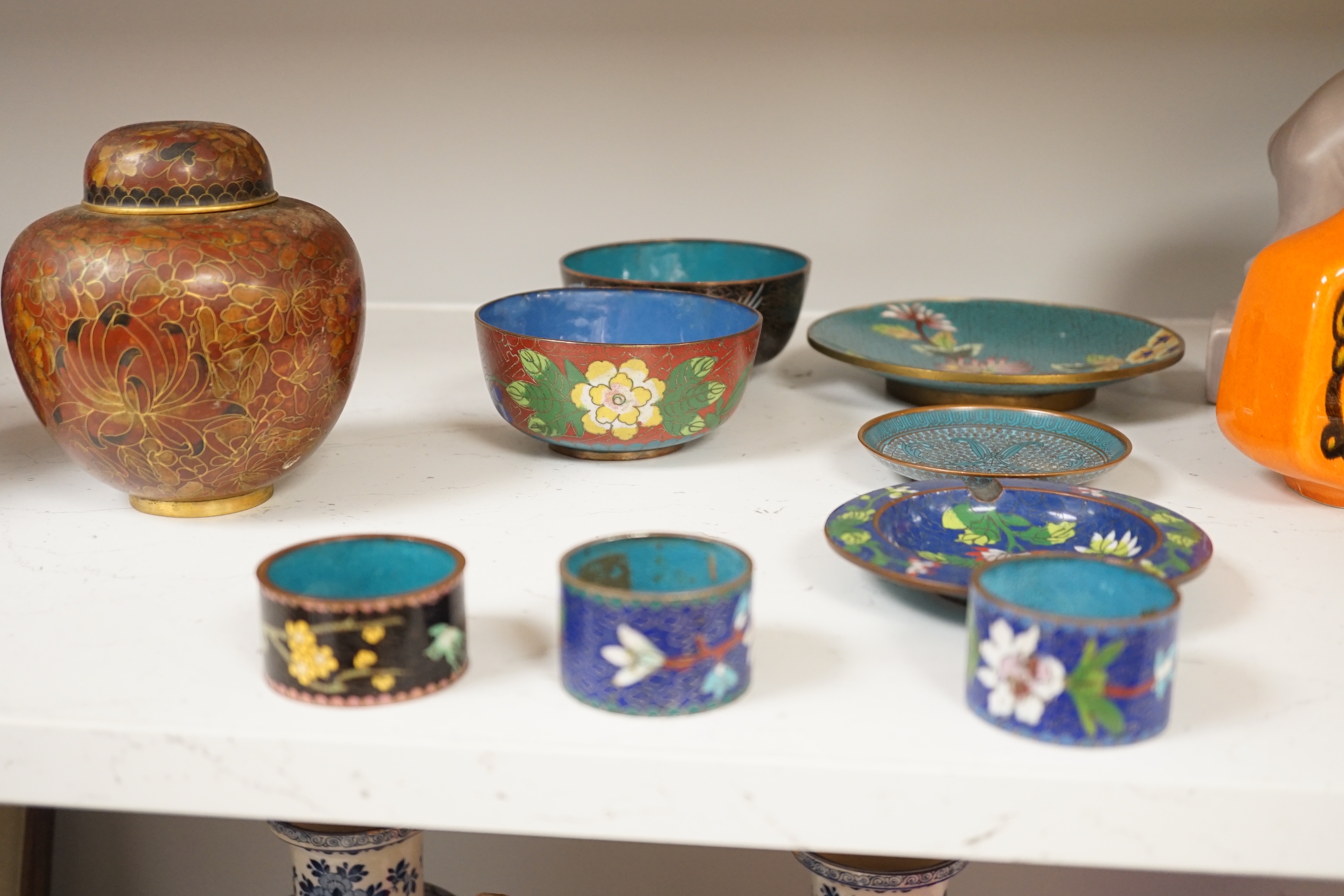A collection of Chinese and Japanese cloisonné enamel pieces, including five vases, a ginger jar and - Image 3 of 5