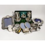 Sundry small silver and white metal items including Edwardian Christening mug, four mounted