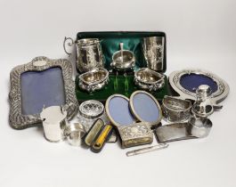 Sundry small silver and white metal items including Edwardian Christening mug, four mounted