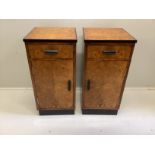 A pair of Art Deco style walnut and bird's eye maple bedside cabinets, width 36cm, depth 37cm,