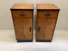 A pair of Art Deco style walnut and bird's eye maple bedside cabinets, width 36cm, depth 37cm,