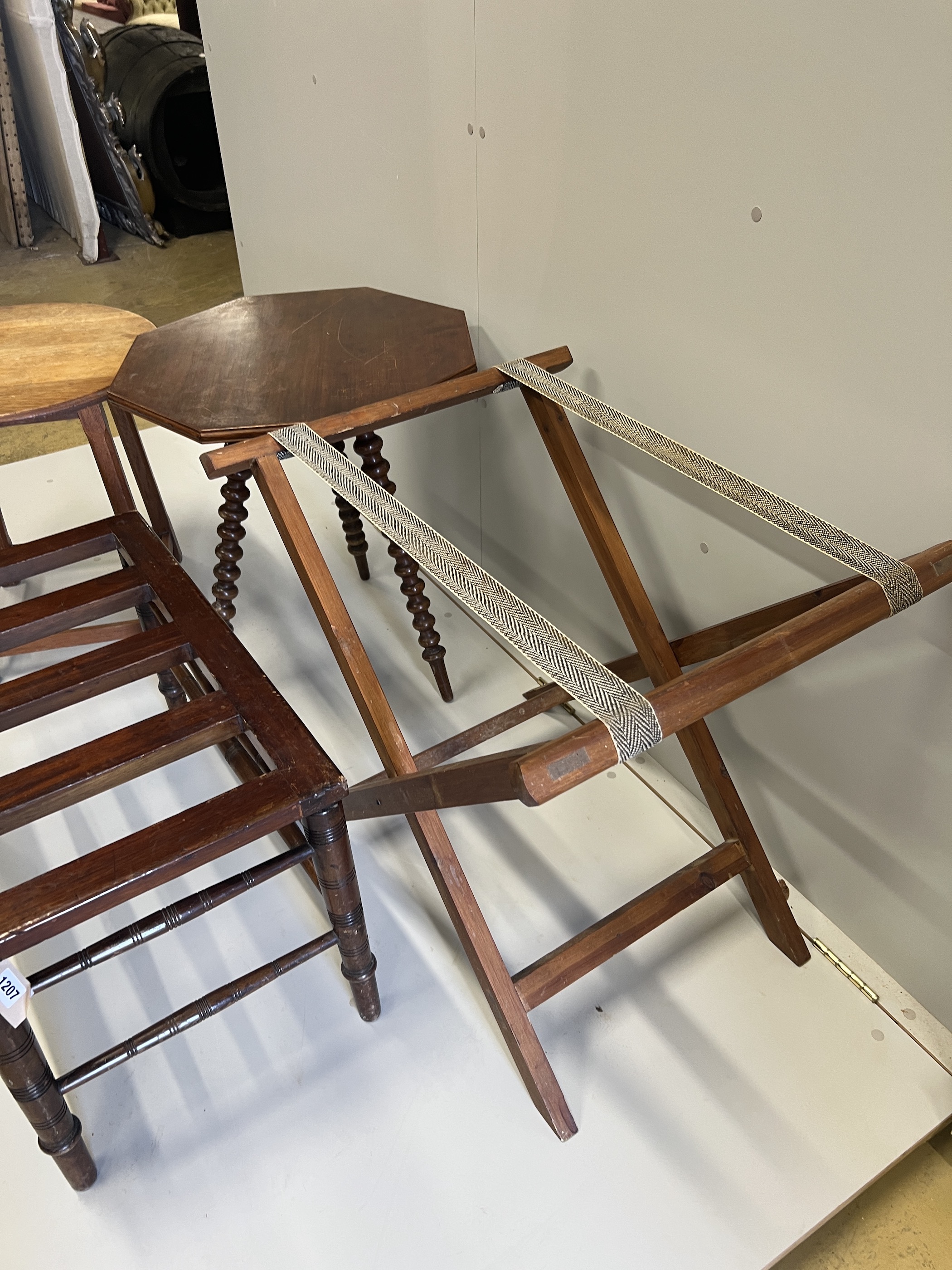 A late Victorian mahogany luggage rack, an octagonal occasional table, a circular oak table, - Image 6 of 6