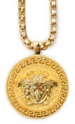 A Versace Medusa gold Greca medallion coin pendant with chunky rapper necklace, in original white