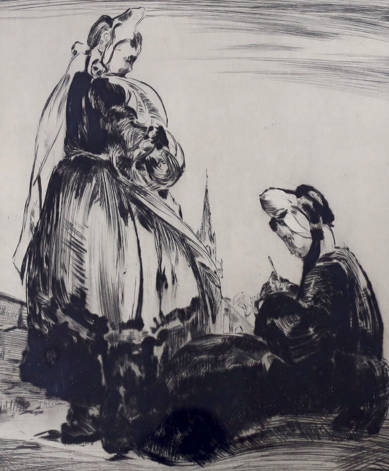 Paul Auguste Masui (Belgian, 1888-1981), etching, Two ladies before a church, signed in pencil,