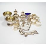 Sundry small silver including a pair of Victorian salts, condiments, napkin rings and an unusual