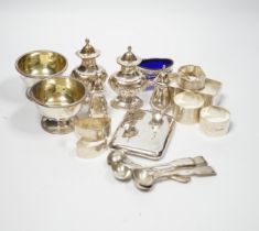 Sundry small silver including a pair of Victorian salts, condiments, napkin rings and an unusual