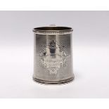 A mid 19th century Tiffany & Co ( Grosjean & Woodward) engine turned sterling mug, with engraved