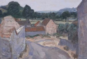 Barry Craig (1902–1951) impressionist oil on artist board, 'The road through the farm', signed,