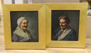 Dutch School, pair of oils on canvas, Portraits of an elderly lady and a gentleman smoking a pipe,