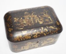 A 19th century Cantonese lacquer box and later playing cards, 23cm wide