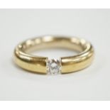 A modern 750 yellow metal and solitaire diamond set ring, size M, gross weight 6.1 grams, the